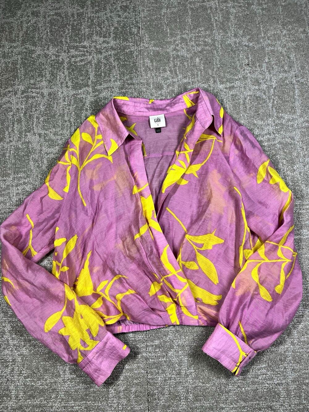 Cabi Tropical Orchid Drift Cropped Collared Floral Long Sleeve Blouse Top S